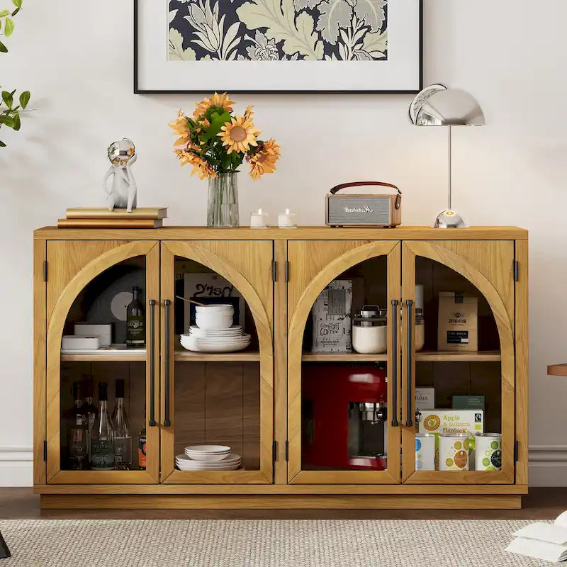 Credenza ad arco a 4 ante in vetro navy/nero/legno naturale/espresso, singola