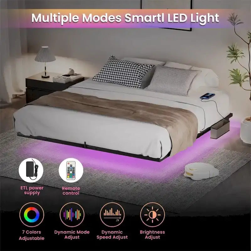 Struttura Letto Matrimoniale "King Size" Nera Flottante con Luci LED e Stazione di Ricarica, per 1 Persona