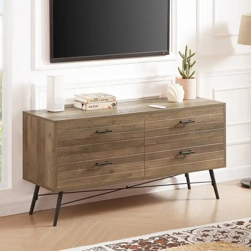 Mobile porta TV a 4 cassetti marrone chiaro con gambe in metallo, per 1-2 persone