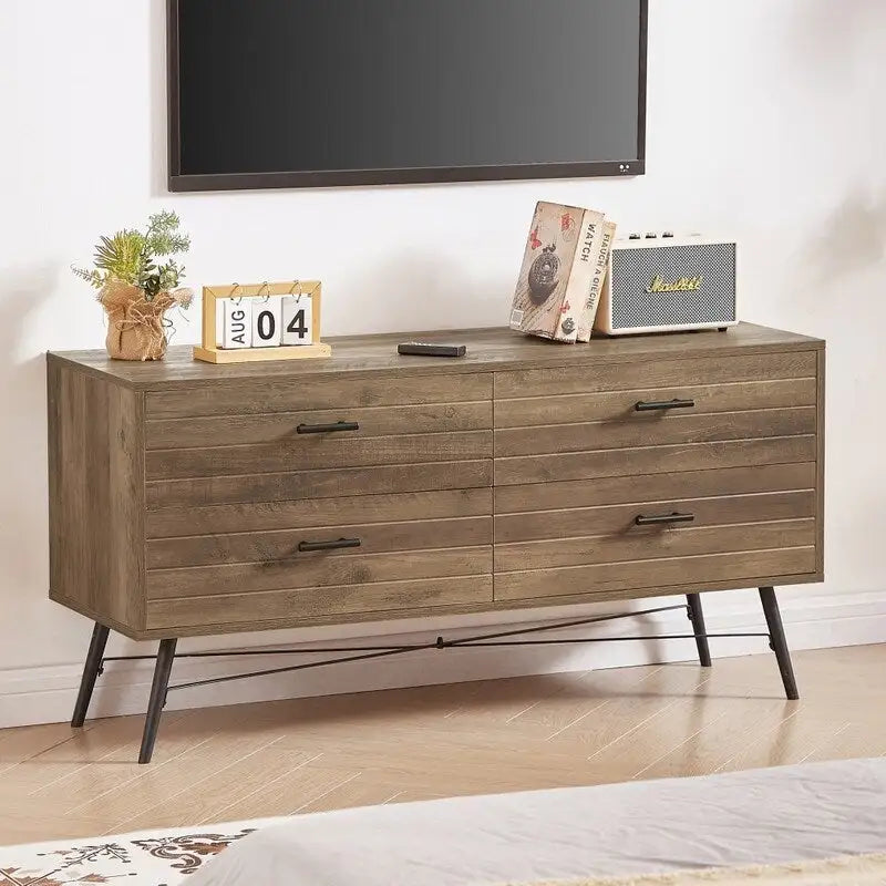 Mobile porta TV a 4 cassetti marrone chiaro con gambe in metallo, per 1-2 persone