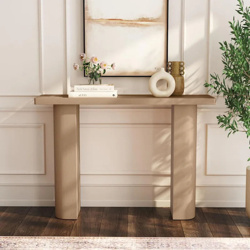 Tavolo Consolle Semicircolare Nero/Naturale, Legno Massello di Mango, 1 Pezzo