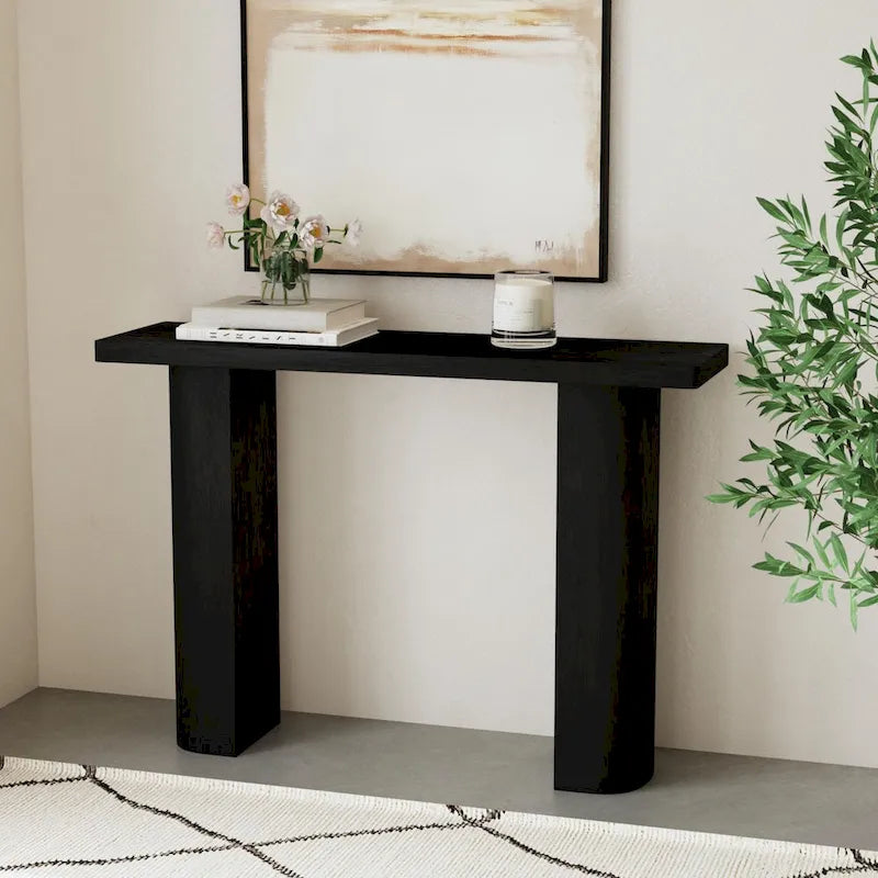 Tavolo Consolle Semicircolare Nero/Naturale, Legno Massello di Mango, 1 Pezzo