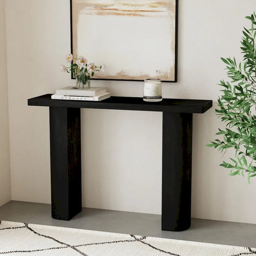 Tavolo Consolle Semicircolare Nero/Naturale, Legno Massello di Mango, 1 Pezzo