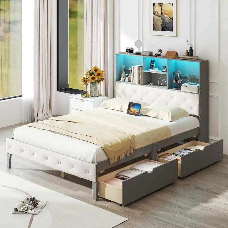 Letto matrimoniale grigio con piattaforma per 1-2 persone, con cassetti contenitori, luci LED e stazione di ricarica