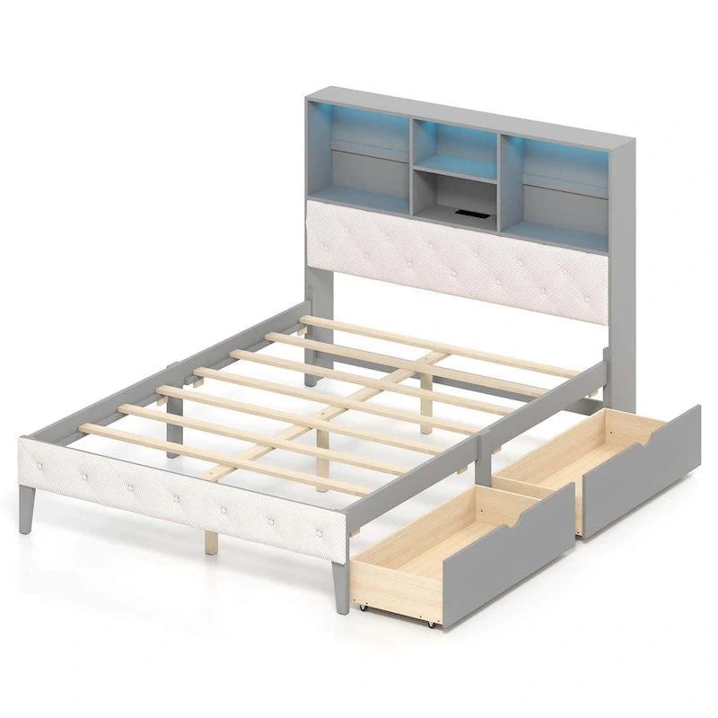 Letto matrimoniale grigio con piattaforma per 1-2 persone, con cassetti contenitori, luci LED e stazione di ricarica