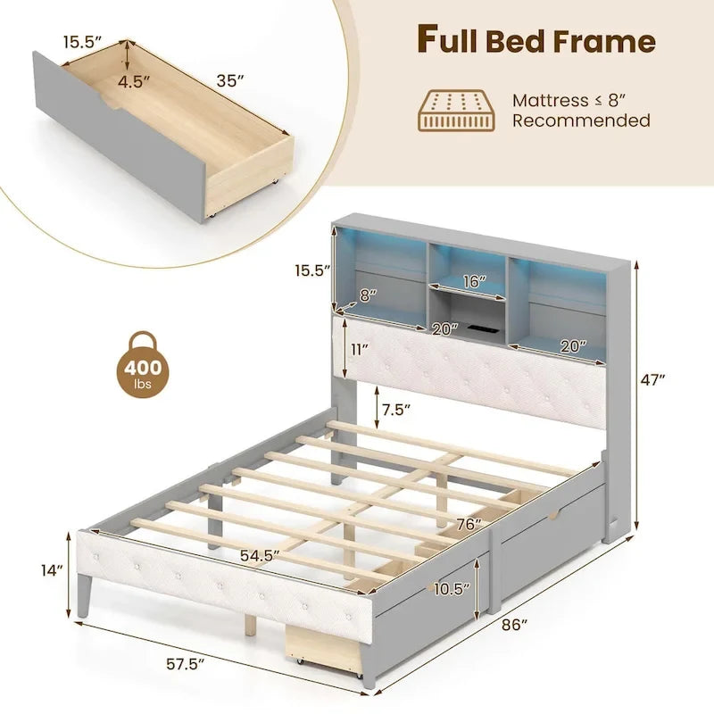 Letto matrimoniale grigio con piattaforma per 1-2 persone, con cassetti contenitori, luci LED e stazione di ricarica