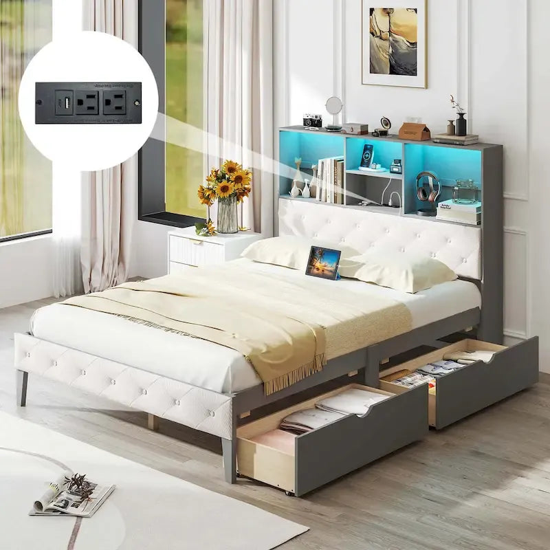 Letto matrimoniale grigio con piattaforma per 1-2 persone, con cassetti contenitori, luci LED e stazione di ricarica