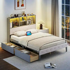 Letto matrimoniale grigio con piattaforma per 1-2 persone, con cassetti contenitori, luci LED e stazione di ricarica