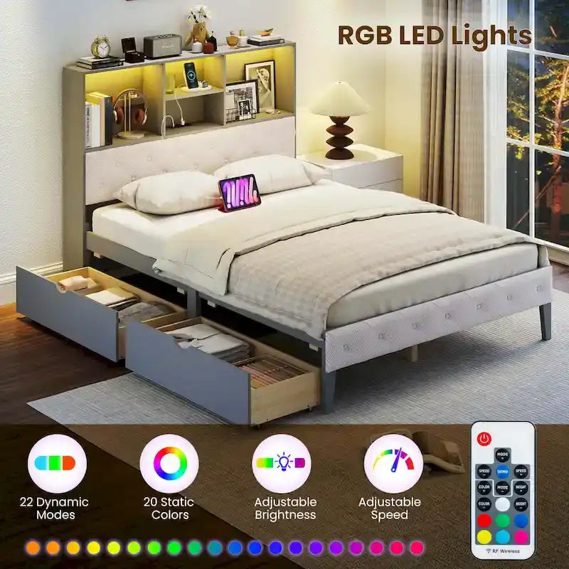 Letto matrimoniale grigio con piattaforma per 1-2 persone, con cassetti contenitori, luci LED e stazione di ricarica