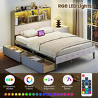 Letto matrimoniale grigio con piattaforma per 1-2 persone, con cassetti contenitori, luci LED e stazione di ricarica