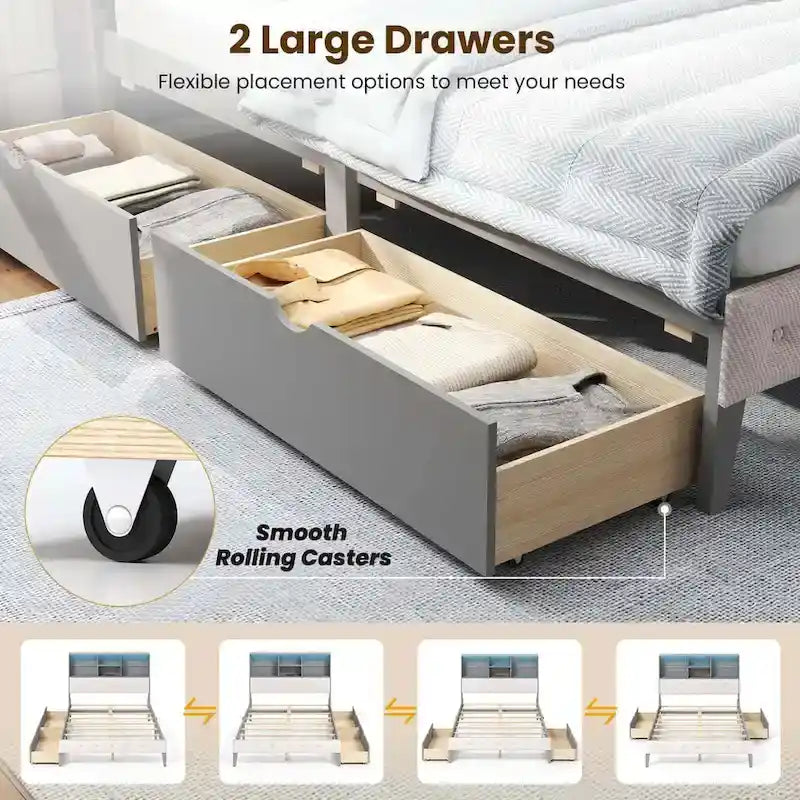 Letto matrimoniale grigio con piattaforma per 1-2 persone, con cassetti contenitori, luci LED e stazione di ricarica