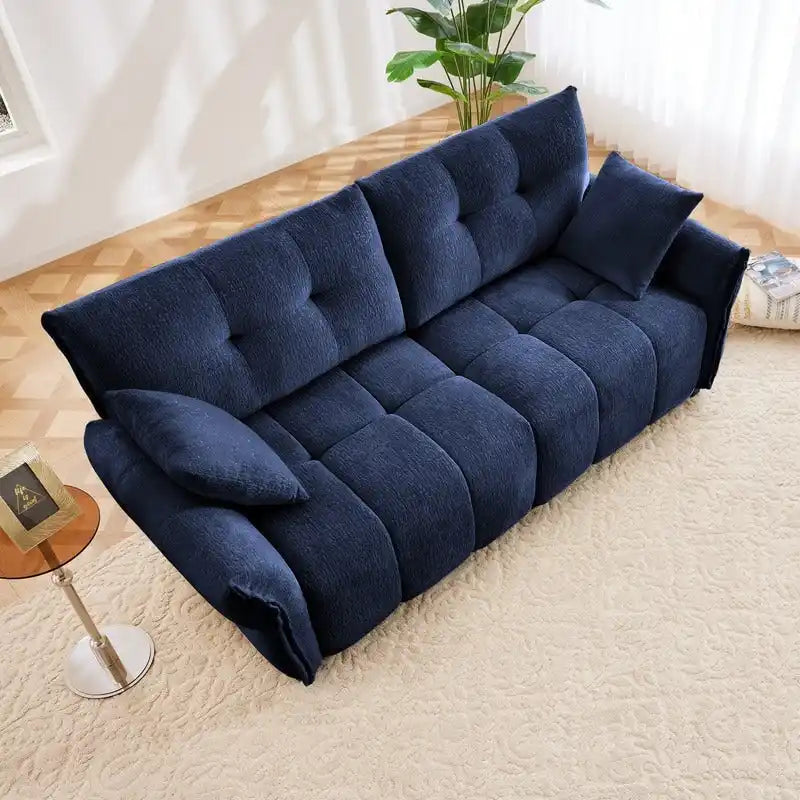 Divano a 2 posti in ciniglia, braccioli trapuntati, verde/blu/bianco/arancione bruciato
