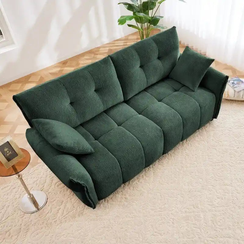 Divano a 2 posti in ciniglia, braccioli trapuntati, verde/blu/bianco/arancione bruciato