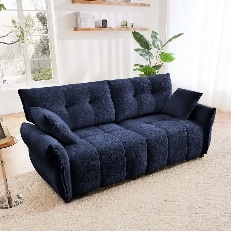 Divano a 2 posti in ciniglia, braccioli trapuntati, verde/blu/bianco/arancione bruciato