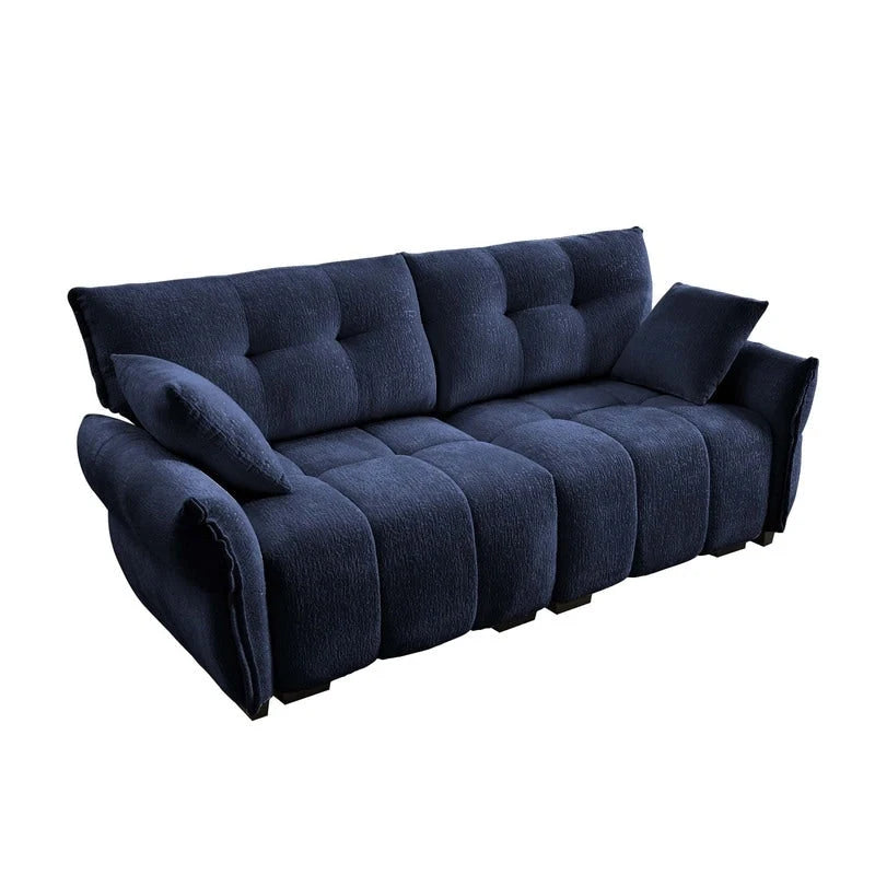 Divano a 2 posti in ciniglia, braccioli trapuntati, verde/blu/bianco/arancione bruciato