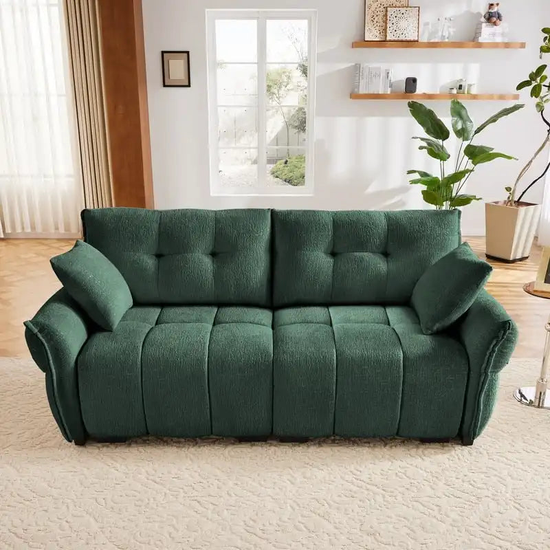 Divano a 2 posti in ciniglia, braccioli trapuntati, verde/blu/bianco/arancione bruciato