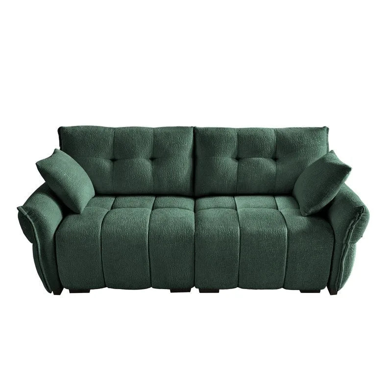 Divano a 2 posti in ciniglia, braccioli trapuntati, verde/blu/bianco/arancione bruciato