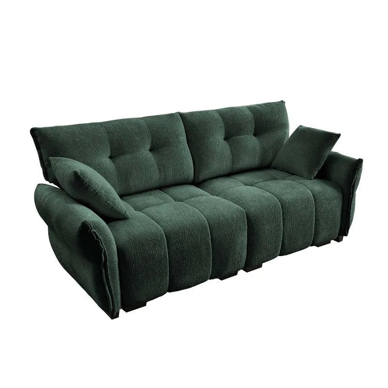 Divano a 2 posti in ciniglia, braccioli trapuntati, verde/blu/bianco/arancione bruciato