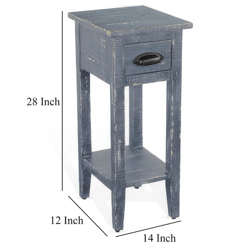 Table d'appoint avec tiroir et étagère, bois d'acajou bleu de 14 pouces