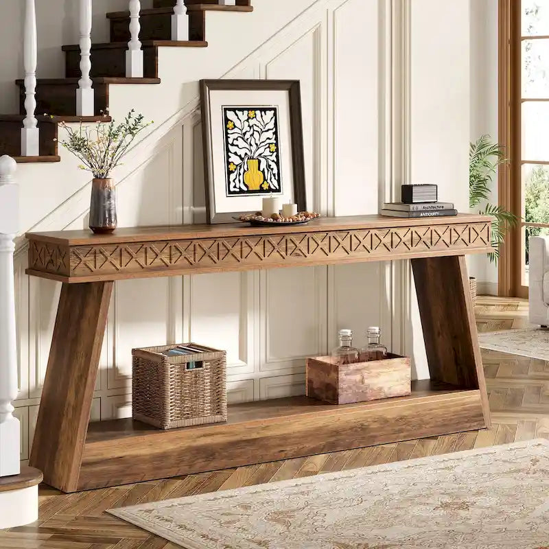 Consolle rustica marrone da fattoria, a 2 ripiani, 180 cm (L) x 30 cm (P) x 80 cm (A)