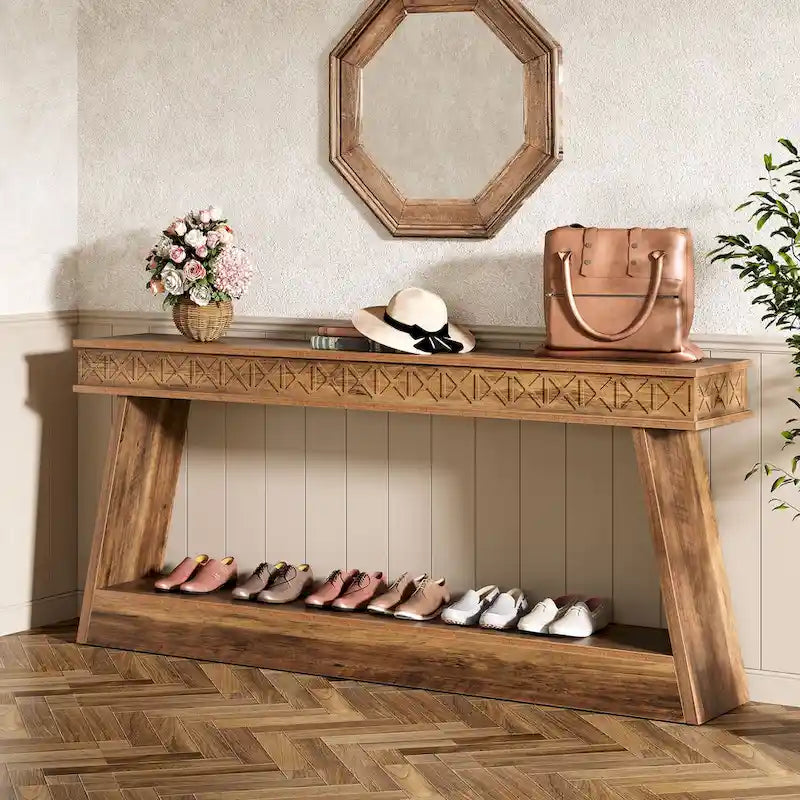 Consolle rustica marrone da fattoria, a 2 ripiani, 180 cm (L) x 30 cm (P) x 80 cm (A)