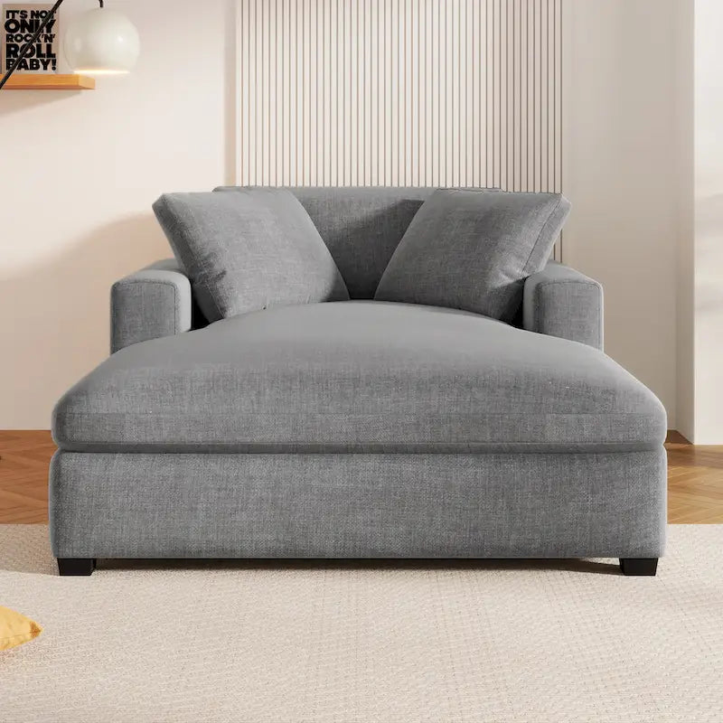 Chaise longue moderna grigia da 53.5 pollici con gambe in legno massiccio e cuscini