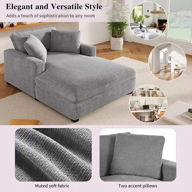 Fauteuil chaise longue gris moderne de 53.5 pouces avec pieds en bois massif et coussins