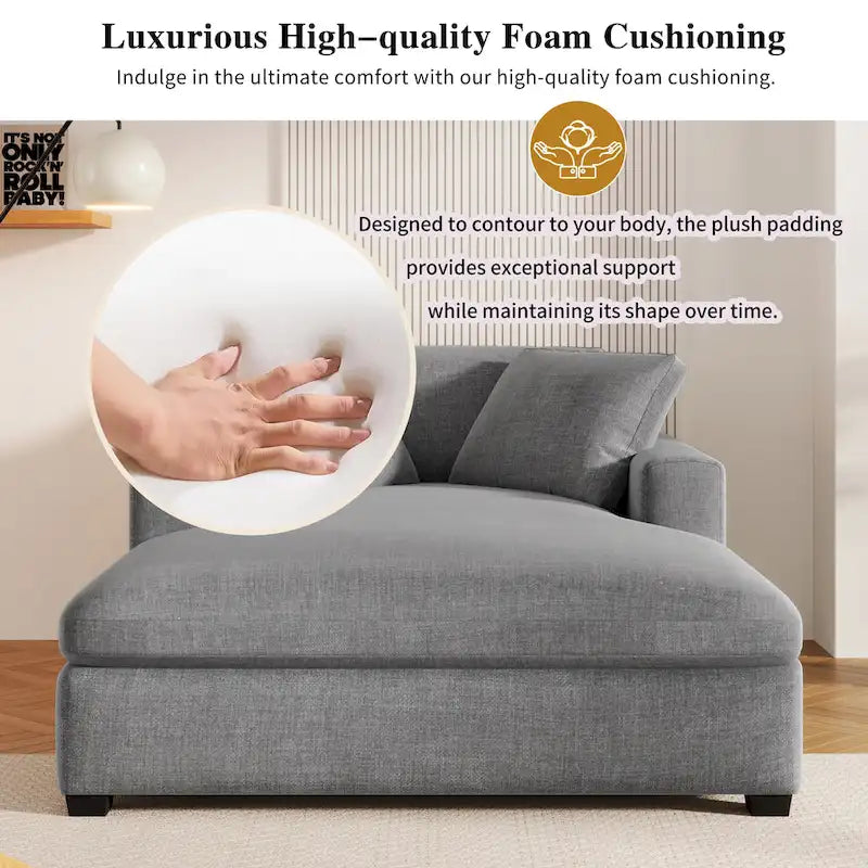 Fauteuil chaise longue gris moderne de 53.5 pouces avec pieds en bois massif et coussins