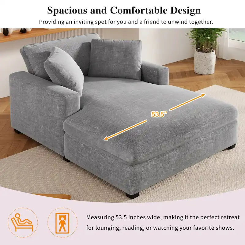 Fauteuil chaise longue gris moderne de 53.5 pouces avec pieds en bois massif et coussins
