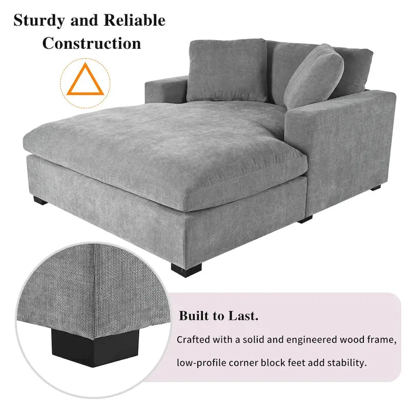 Fauteuil chaise longue gris moderne de 53.5 pouces avec pieds en bois massif et coussins