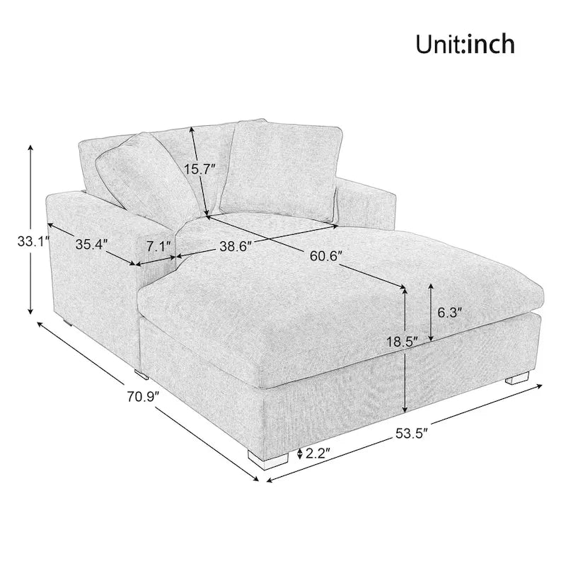 Fauteuil chaise longue gris moderne de 53.5 pouces avec pieds en bois massif et coussins
