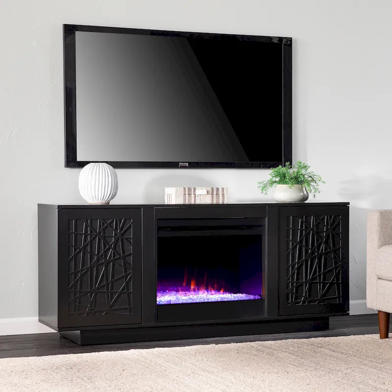 Bianco e Nero, Mobile TV Contemporaneo con Camino Elettrico e Vano Contenitore, Adatto per TV fino a 56", per 1 Stanza
