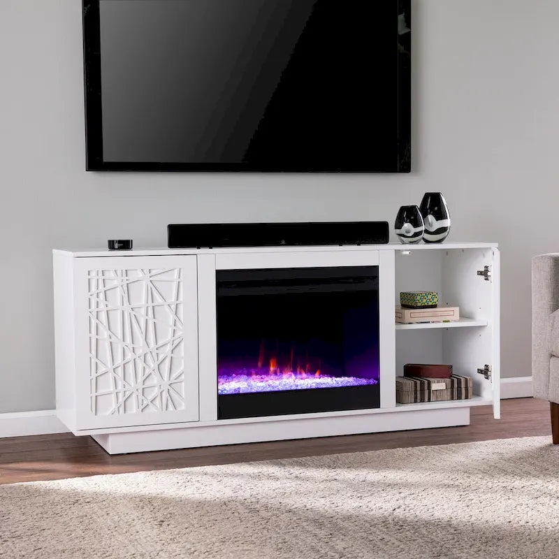 Bianco e Nero, Mobile TV Contemporaneo con Camino Elettrico e Vano Contenitore, Adatto per TV fino a 56", per 1 Stanza