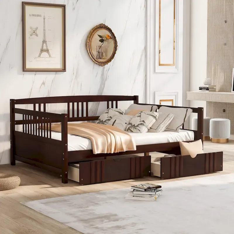 Divano letto full size grigio/espresso/bianco con 2 cassetti, adatto per 1-2 persone