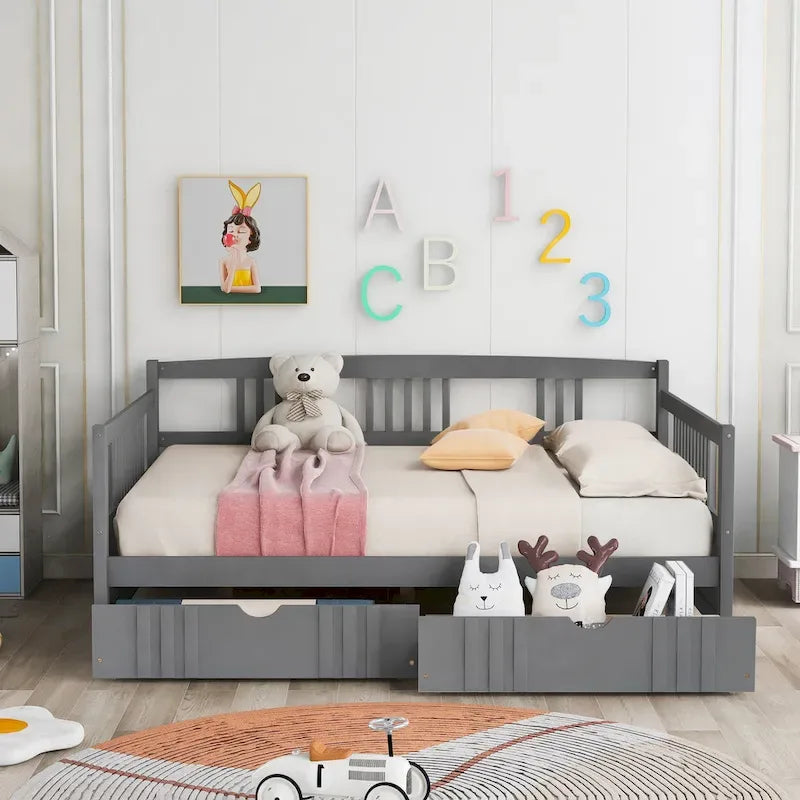 Divano letto full size grigio/espresso/bianco con 2 cassetti, adatto per 1-2 persone