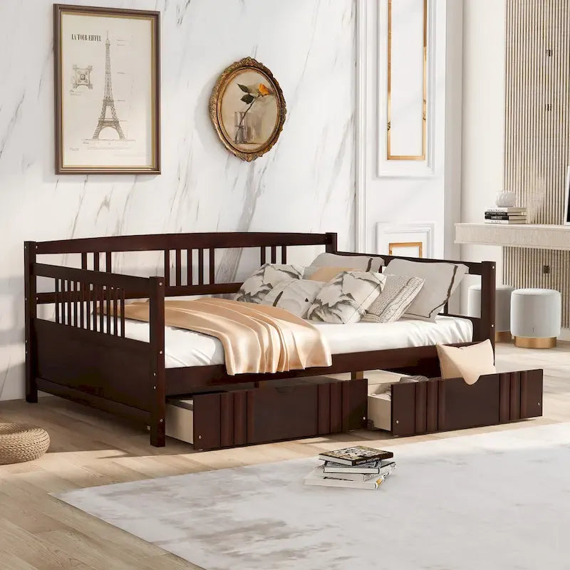 Divano letto full size grigio/espresso/bianco con 2 cassetti, adatto per 1-2 persone
