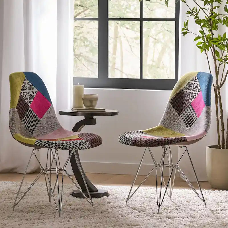 Sedia da pranzo in tessuto patchwork multicolore/blu-grigio, base Eiffel, set da 2
