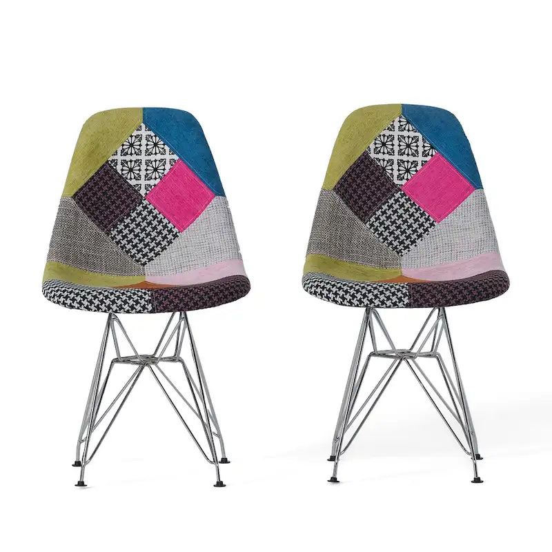 Sedia da pranzo in tessuto patchwork multicolore/blu-grigio, base Eiffel, set da 2