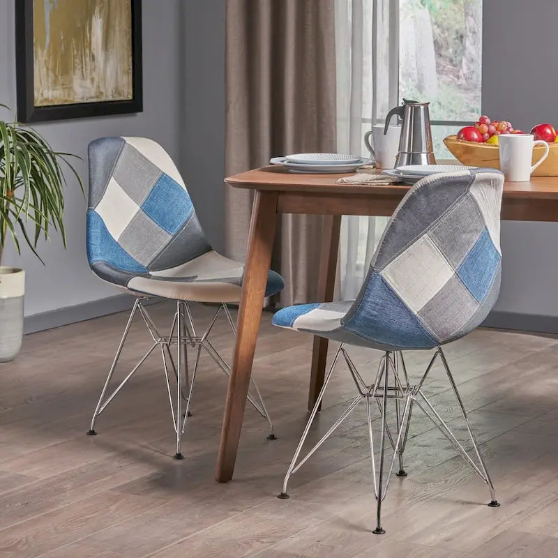 Sedia da pranzo in tessuto patchwork multicolore/blu-grigio, base Eiffel, set da 2