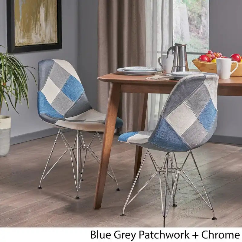 Sedia da pranzo in tessuto patchwork multicolore/blu-grigio, base Eiffel, set da 2
