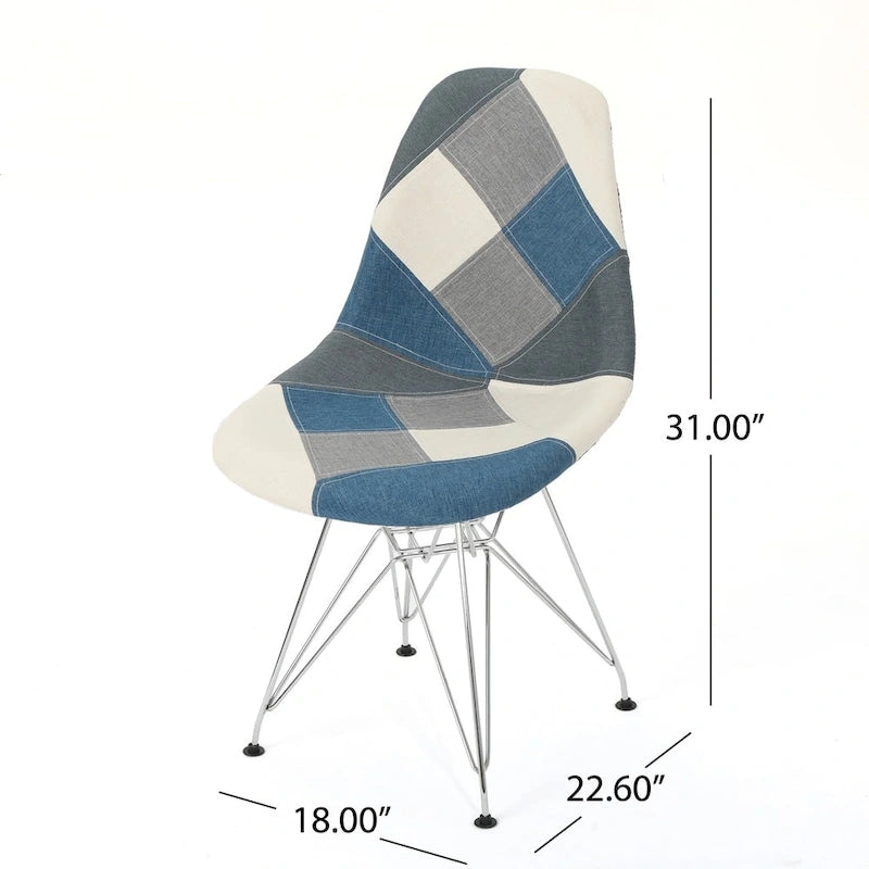 Sedia da pranzo in tessuto patchwork multicolore/blu-grigio, base Eiffel, set da 2