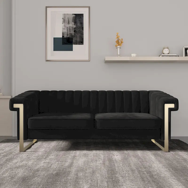 Divano Chesterfield in velluto trapuntato Beige/Blu/Nero/Verde con gambe dorate, 3 posti