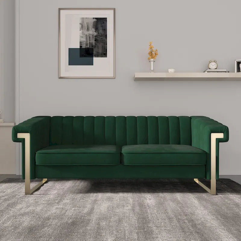Divano Chesterfield in velluto trapuntato Beige/Blu/Nero/Verde con gambe dorate, 3 posti