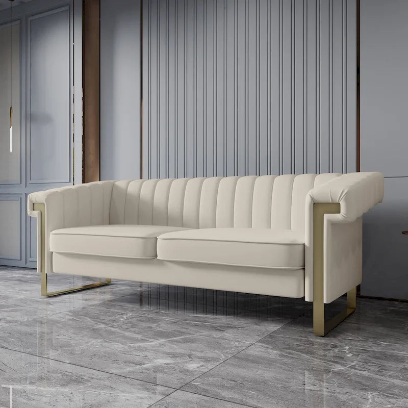 Divano Chesterfield in velluto trapuntato Beige/Blu/Nero/Verde con gambe dorate, 3 posti