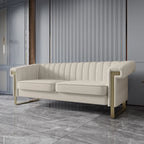 Divano Chesterfield in velluto trapuntato Beige/Blu/Nero/Verde con gambe dorate, 3 posti