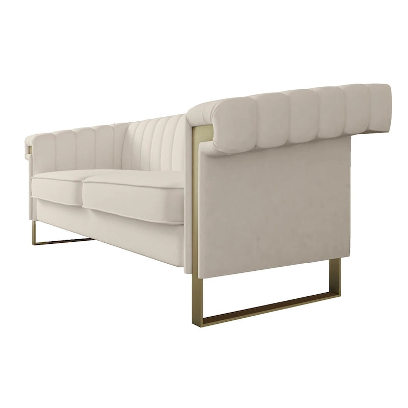 Divano Chesterfield in velluto trapuntato Beige/Blu/Nero/Verde con gambe dorate, 3 posti