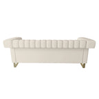 Divano Chesterfield in velluto trapuntato Beige/Blu/Nero/Verde con gambe dorate, 3 posti