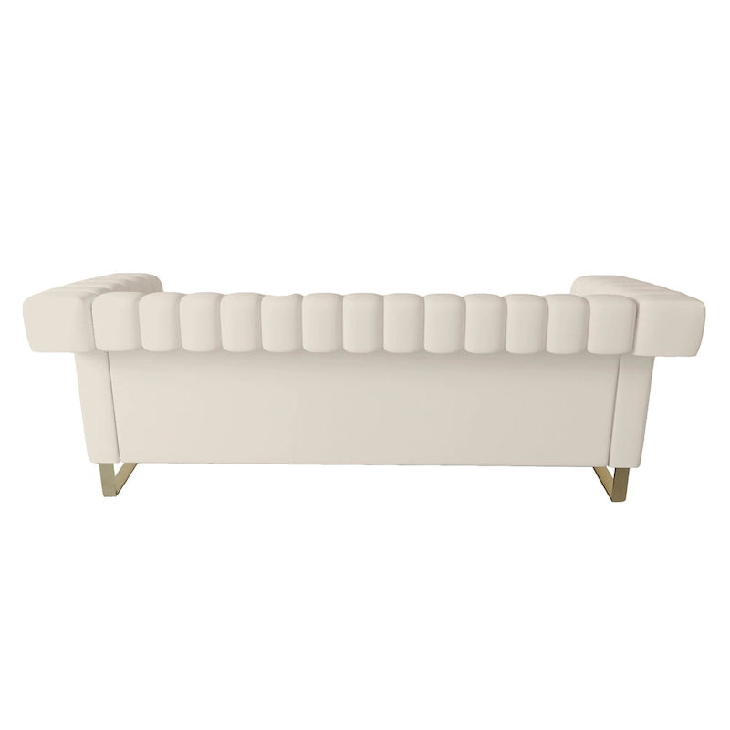 Divano Chesterfield in velluto trapuntato Beige/Blu/Nero/Verde con gambe dorate, 3 posti