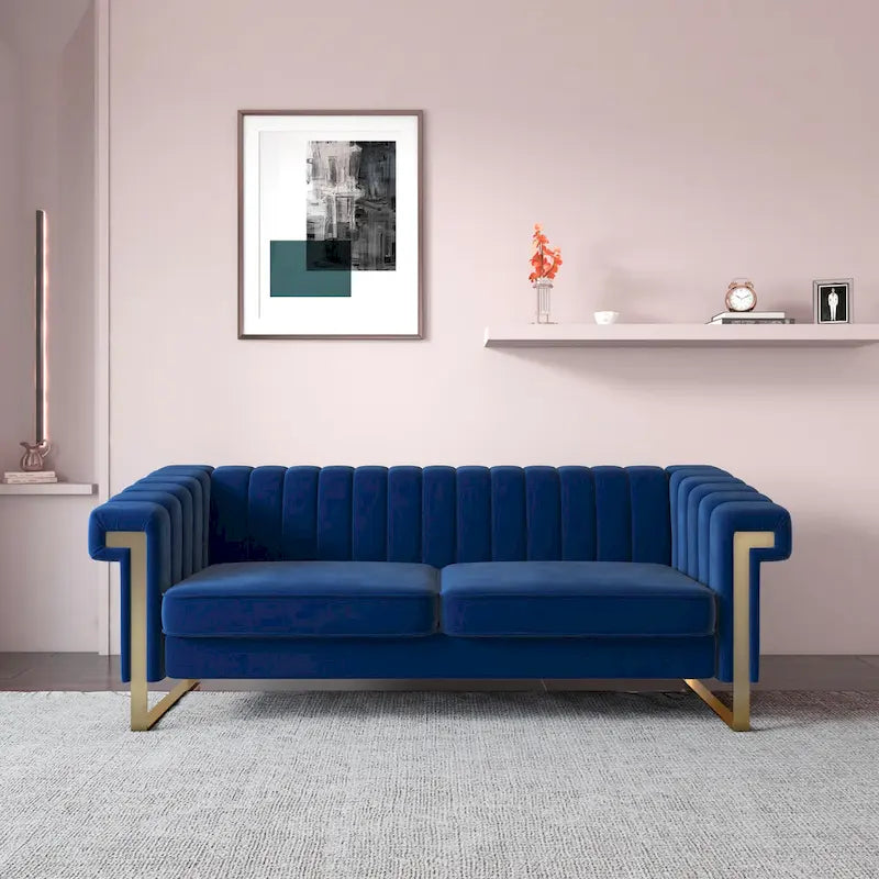 Divano Chesterfield in velluto trapuntato Beige/Blu/Nero/Verde con gambe dorate, 3 posti