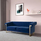 Divano Chesterfield in velluto trapuntato Beige/Blu/Nero/Verde con gambe dorate, 3 posti